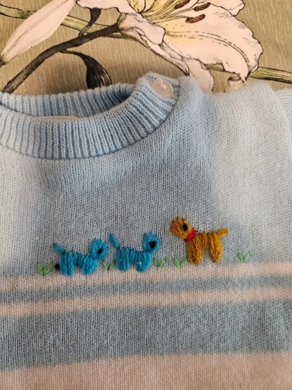 Vintage 70s Novelty Knit Japan Blue Striped Embroidered Puppy Baby Sweater 0-3M